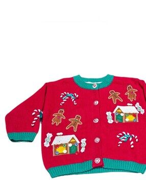 Vintage Organically Grown Kids Ugly Christmas Sweater Cardigan 3T Gingerbread Ho